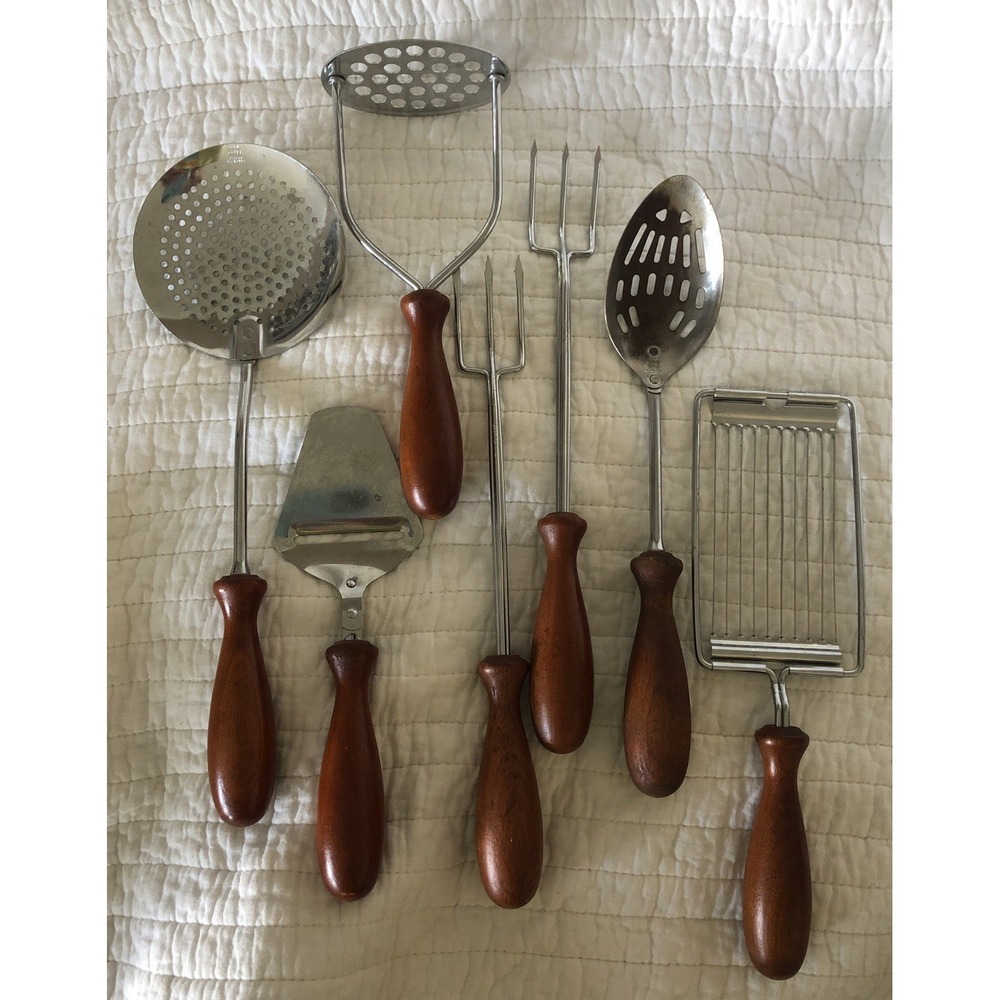 Vintage 7 Piece Ekco USA Wood Handle Utensil Set Potato Masher, Cheese Slicer ++